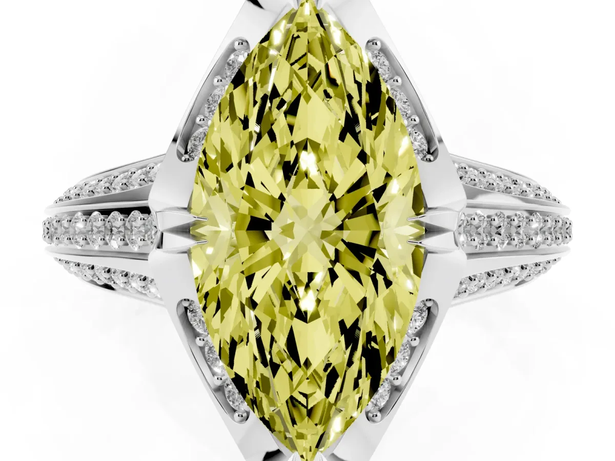 Fancy Yellow Marquise Cut Solitaire Pave Split Shank Ring with Four-Prong Setting Silver