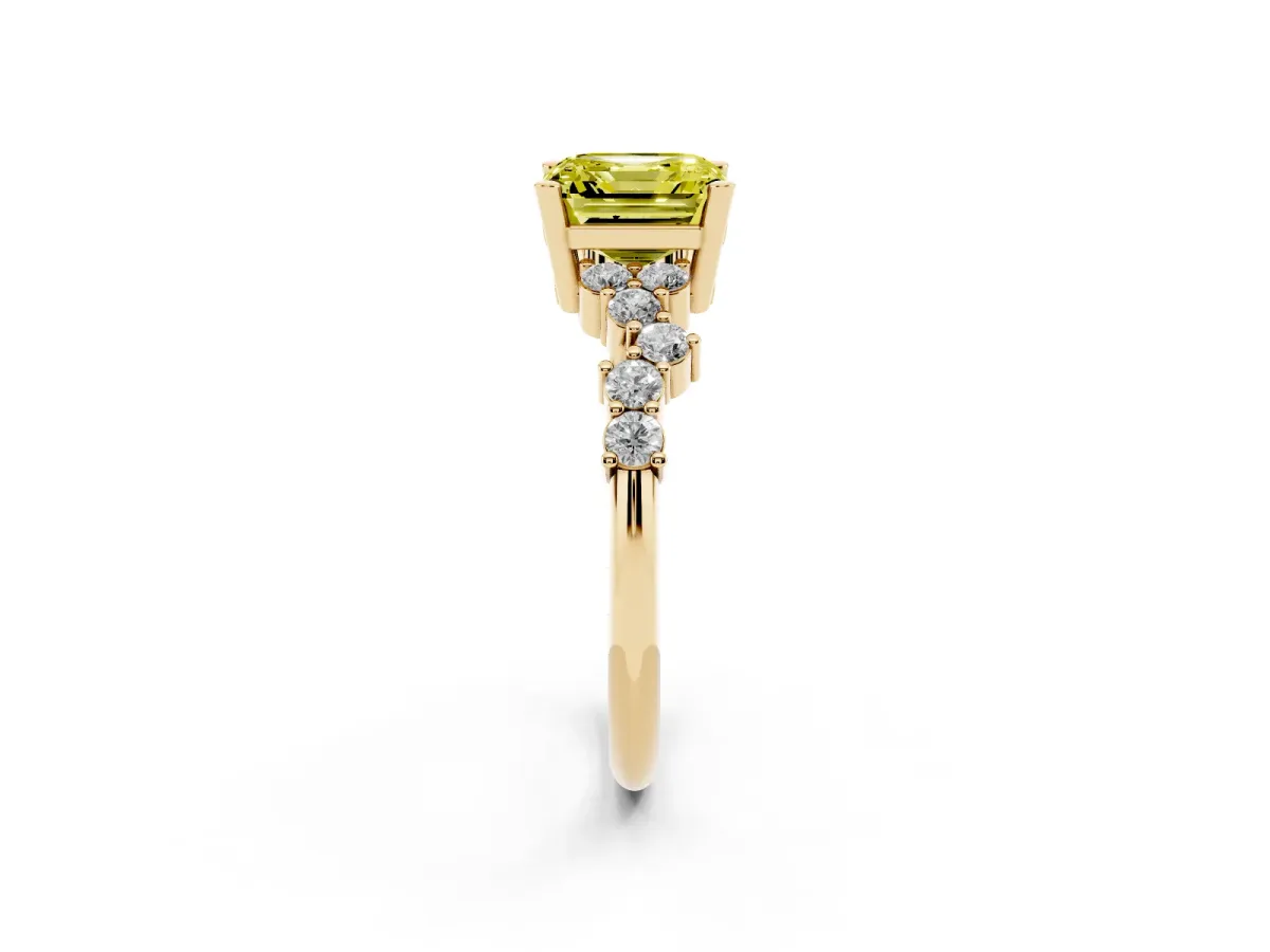 Fancy Yellow Asscher Cut Diamond Scattered Round Accent Ring with Prong Setting Yellow gold