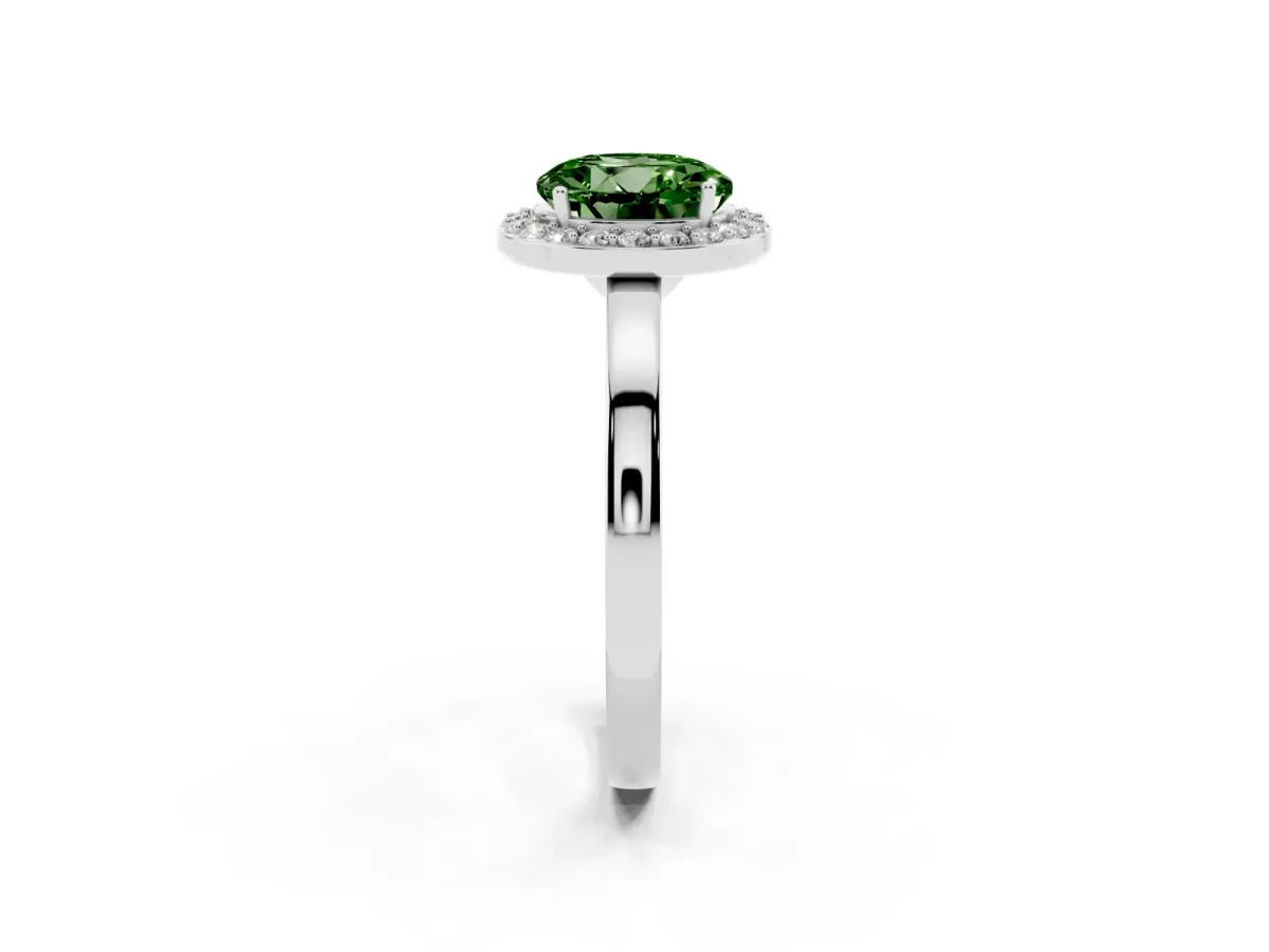 Fancy Green Round Cut Halo Diamond Ring with Solitaire Band and Prong Setting Silver