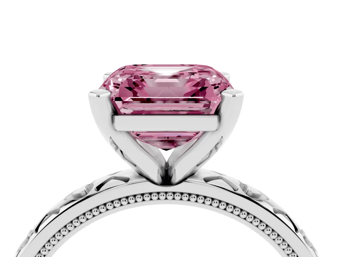 Fancy Pink Asscher Cut Solitaire Diamond Engagement Ring with XO Engraved Band and Four-Prong Setting Platinum