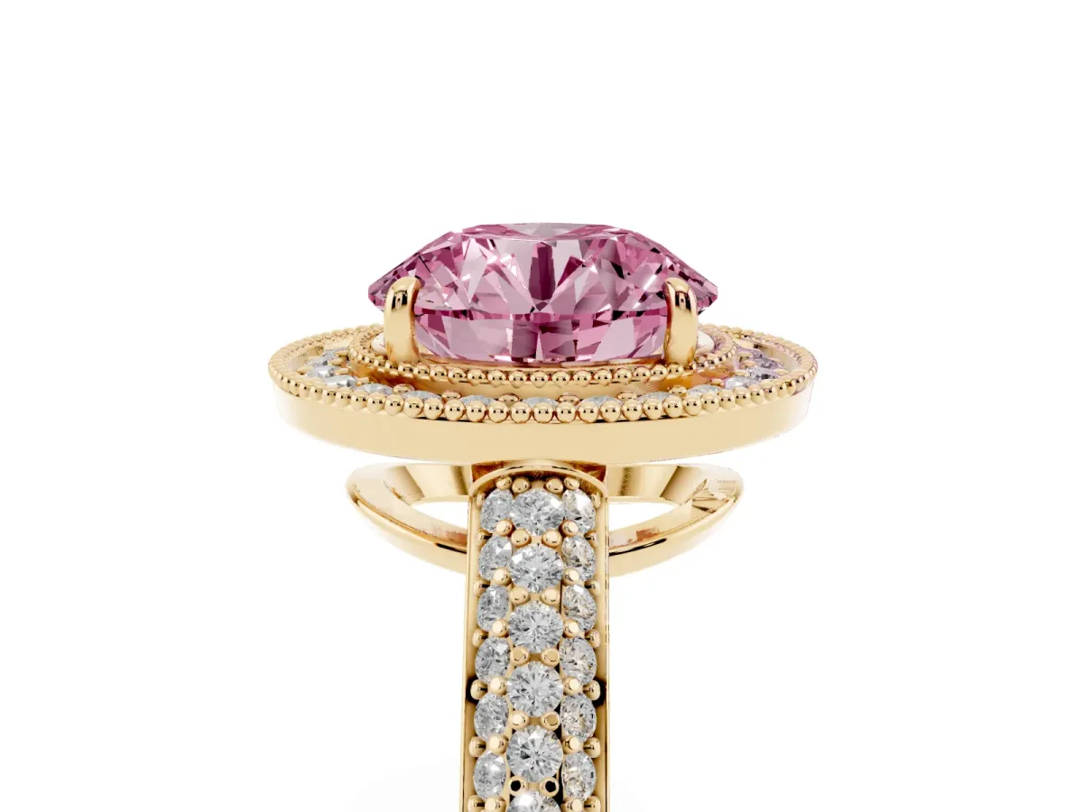 Fancy Pink Round Cut Cut Halo Diamond Pave Band with Four-Prong Setting Yellow gold