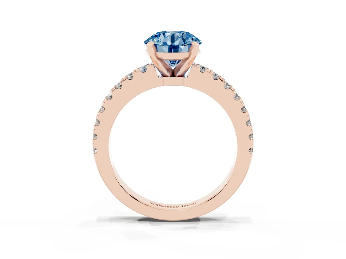 Fancy Blue Round Cut Solitaire Diamond with Pavé Band and Four-Prong Setting Rose gold