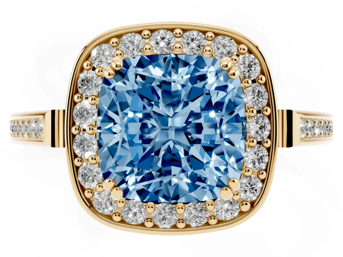 Fancy Blue Cushion Cut Diamond Halo Ring with Split Shank and Four-Prong Setting Yellow gold