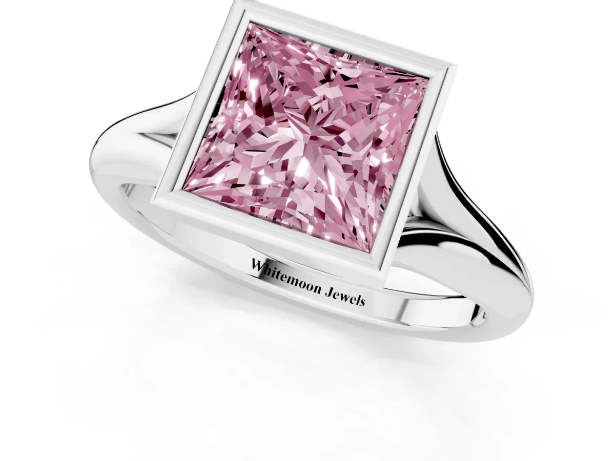 Fancy Pink Bezel Set Princess Cut Solitaire Diamond Ring with Smooth Band Platinum
