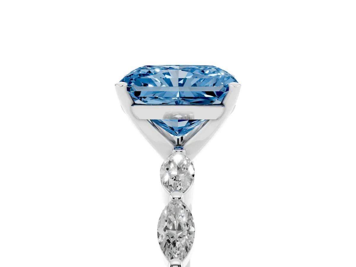 Fancy Blue Radiant Cut Diamond Ring with Marquise Side Stones and Prong Setting Platinum