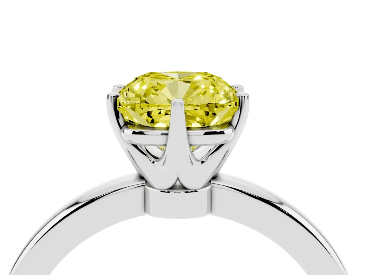 Fancy Yellow Cushion Cut Solitaire Diamond Ring with Six-Prong Setting on a Classic Band Silver