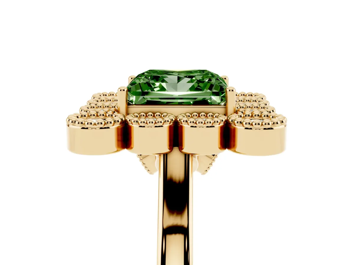 Fancy Green Princess Cut Halo Diamond Cluster Engagement Ring with Milgrain Bezel Setting and Solitaire Band Yellow gold