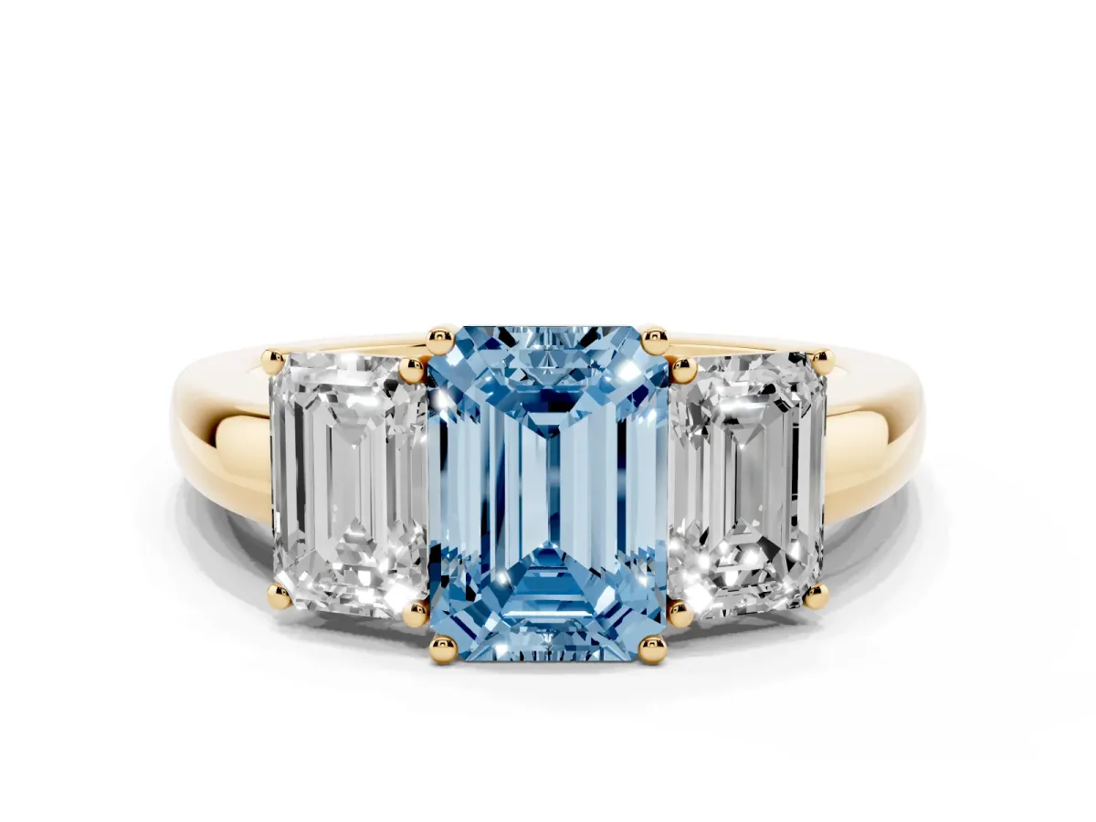 Fancy Blue Emerald Cut Diamond Three-Stone Ring with Four-Prong Setting and Classic Band Yellow gold