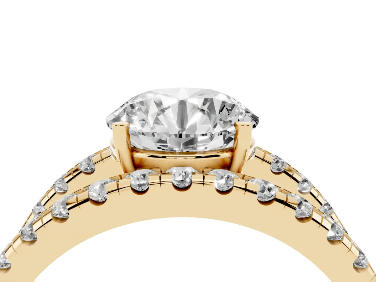 Round Cut Solitaire Split Shank Pave Diamond Ring Yellow gold