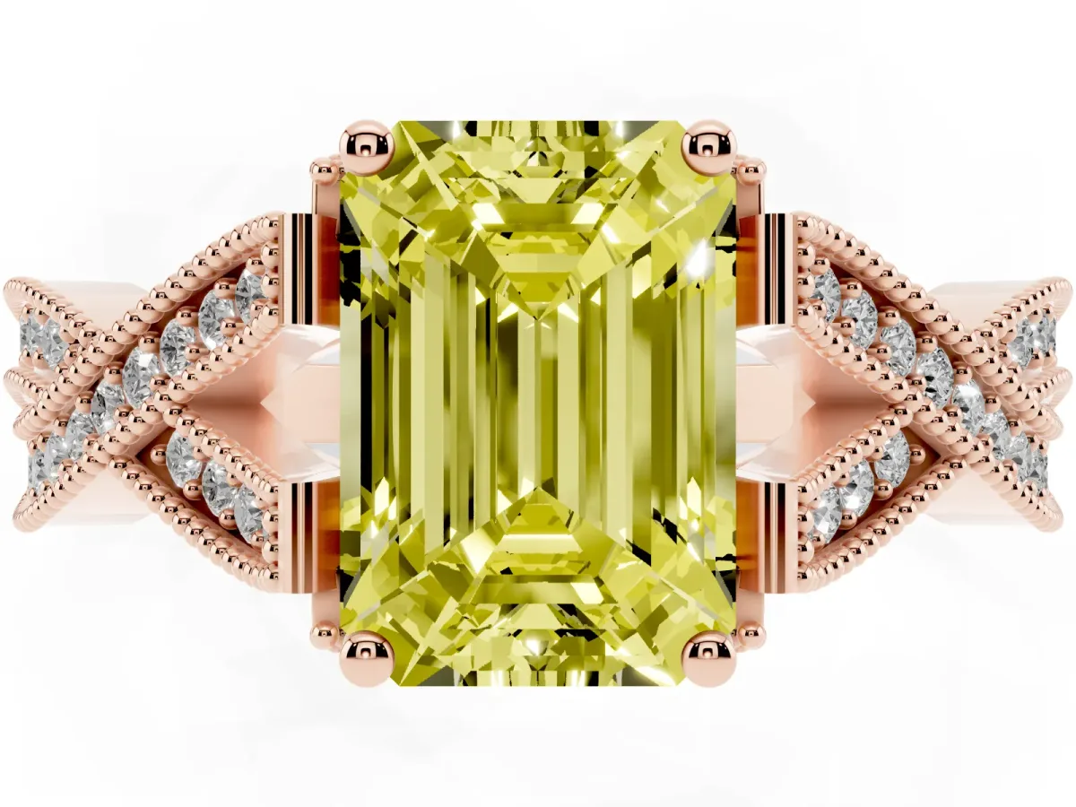 Fancy Yellow Emerald Cut Cut Diamond Twisted Band with Milgrain Pave Setting and Four-Prong Setting Rose gold