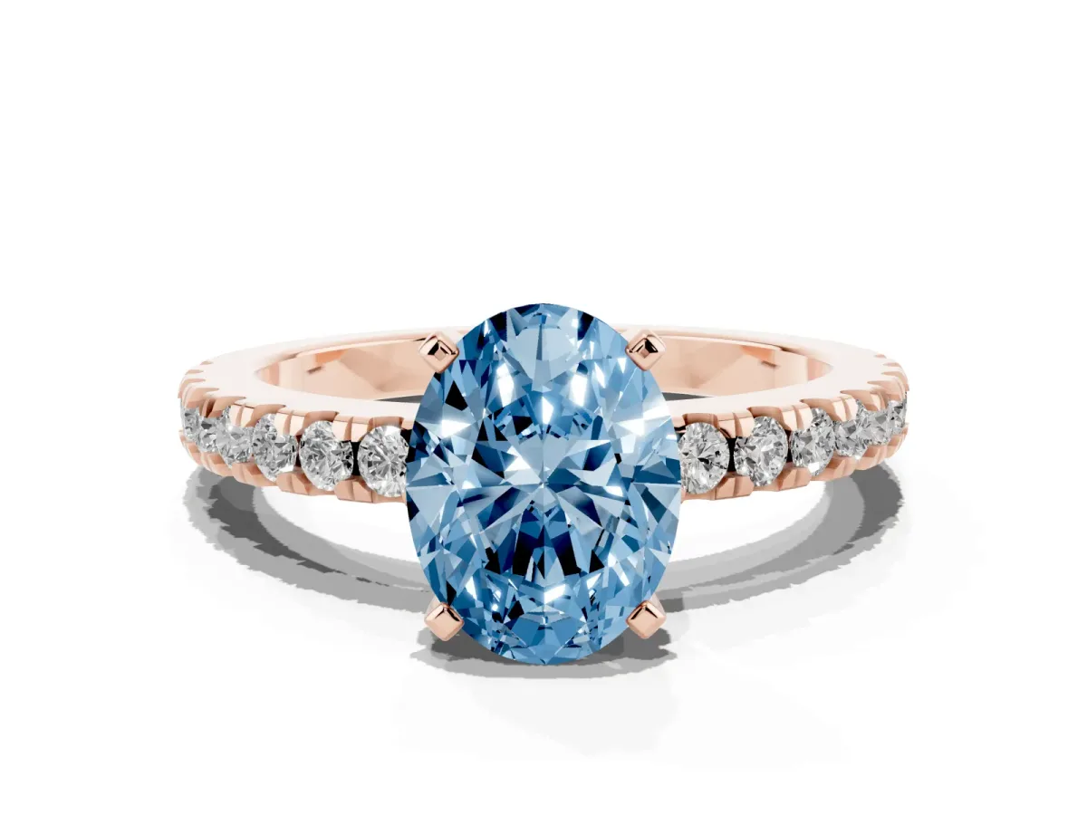 Fancy Blue Oval Cut Solitaire Diamond with Pavé Band and Four-Prong Setting Rose gold