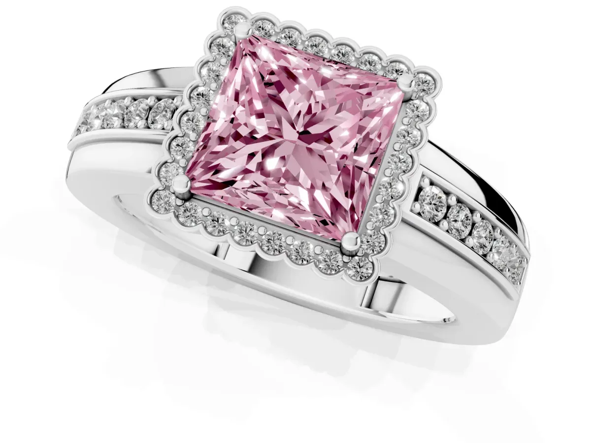 Fancy Pink Princess Cut Cut Halo Pave Band Four-Prong Ring Platinum