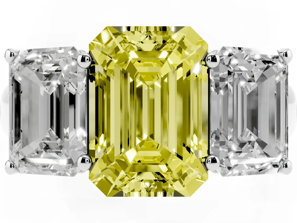 Fancy Yellow Emerald Cut Three-Stone Diamond Ring with Prong Setting on a Classic Band Silver