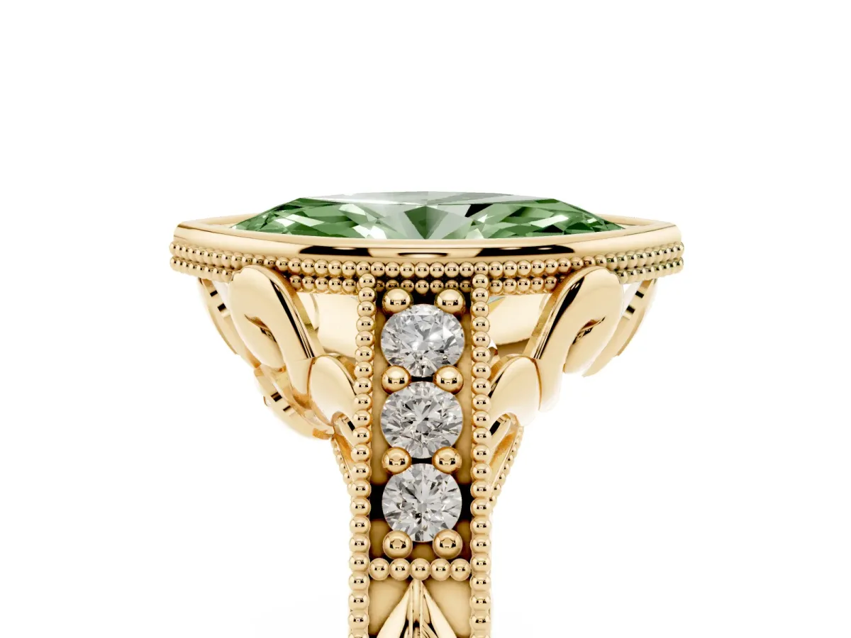 Fancy Green Bezel Set Marquise Cut Diamond Milgrain Pave Engagement Ring Yellow gold