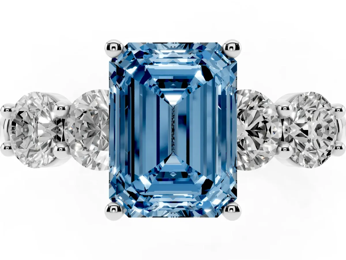 Fancy Blue Emerald Cut Cut Five-Stone Prong Set Diamond Ring with Classic Band Silver