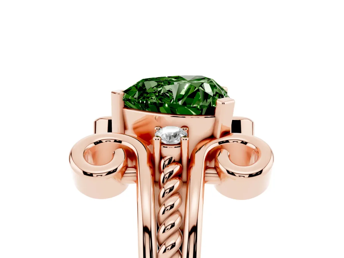 Fancy Green Heart Cut Solitaire Twisted Band Scroll Prong Ring Rose gold