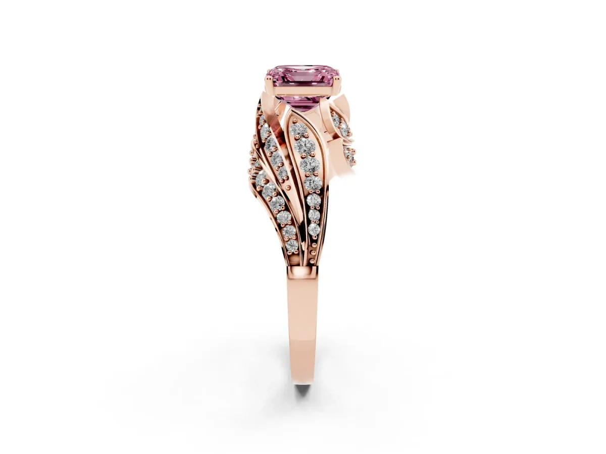 Fancy Pink Asscher Cut Diamond Solitaire Ring with Prong Setting and Twisted Pavé Band Rose gold