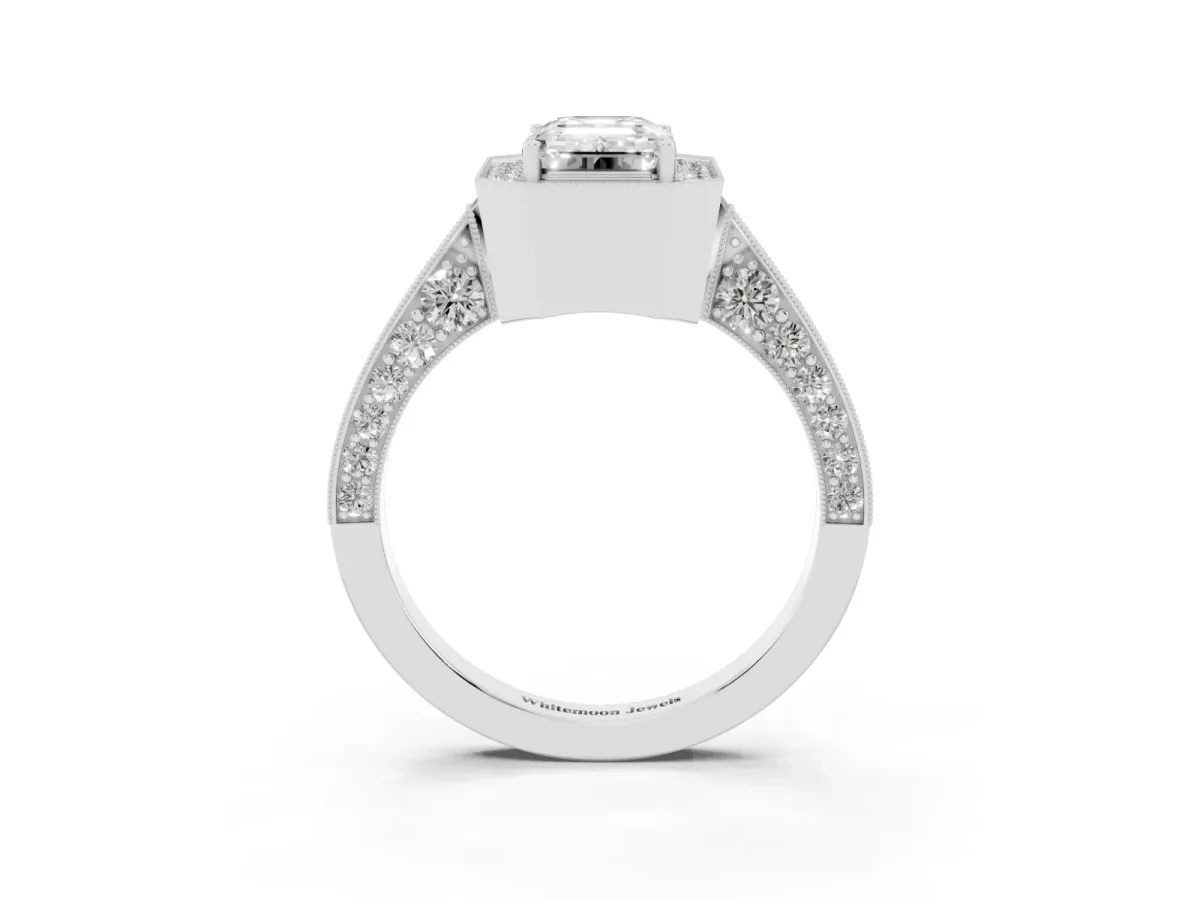 Emerald Cut Halo Diamond Engagement Ring with Split Shank Band and Four-Prong Setting Platinum