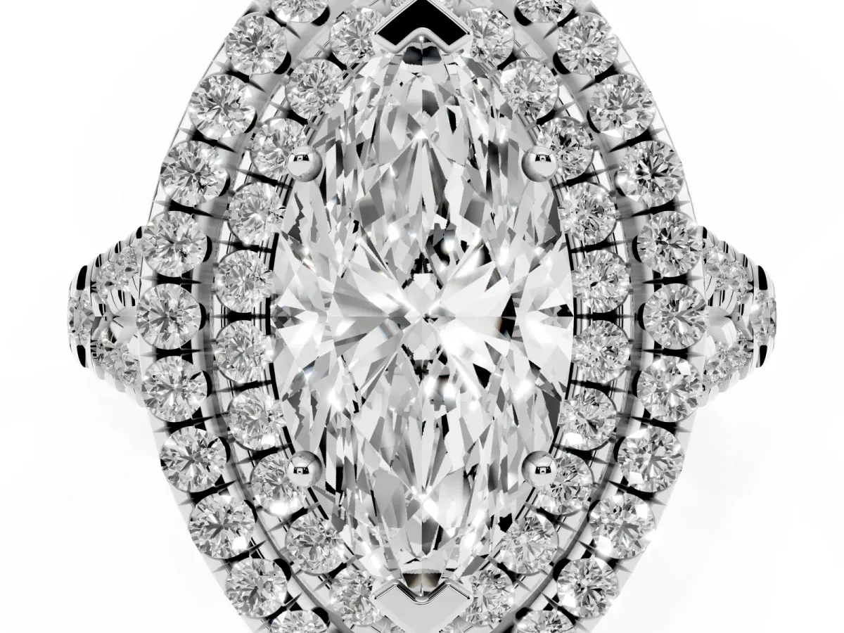 Double Halo Marquise Cut Diamond Pavé Split Shank Ring with Prong Setting Silver