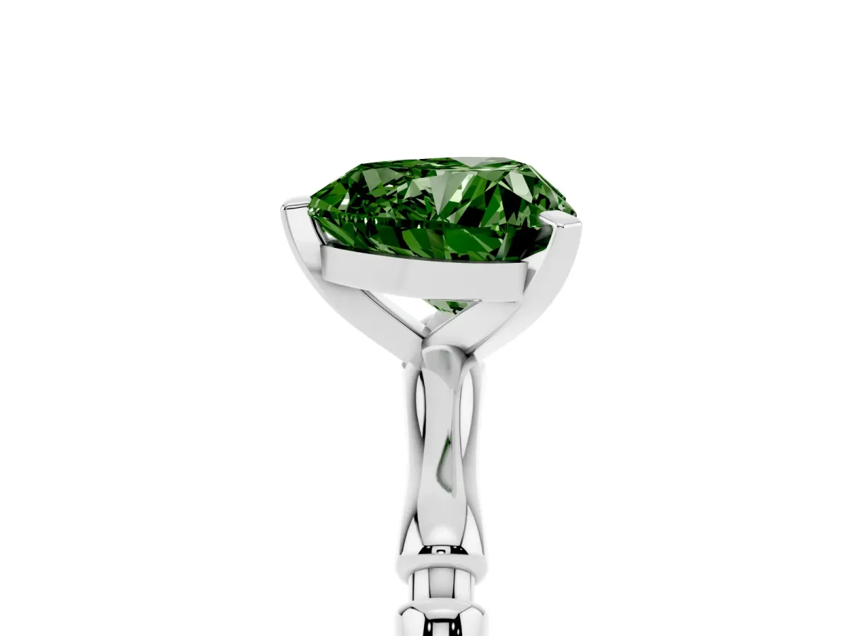 Fancy Green Heart Cut Solitaire Diamond Ring with Bamboo Band and Four-Prong Setting Silver