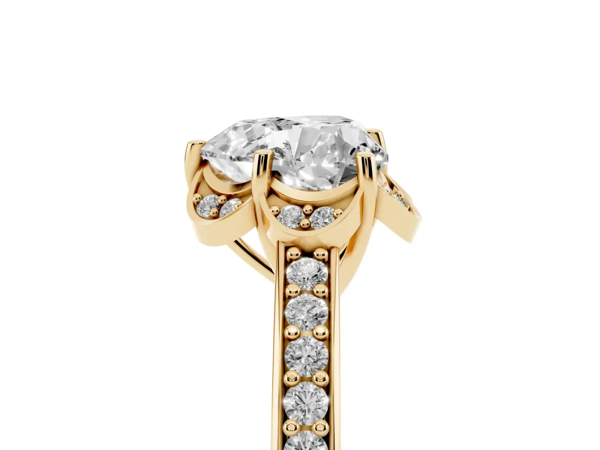 Heart Cut Cut Halo Diamond Ring with Channel Set Band and Four-Prong Setting Yellow gold