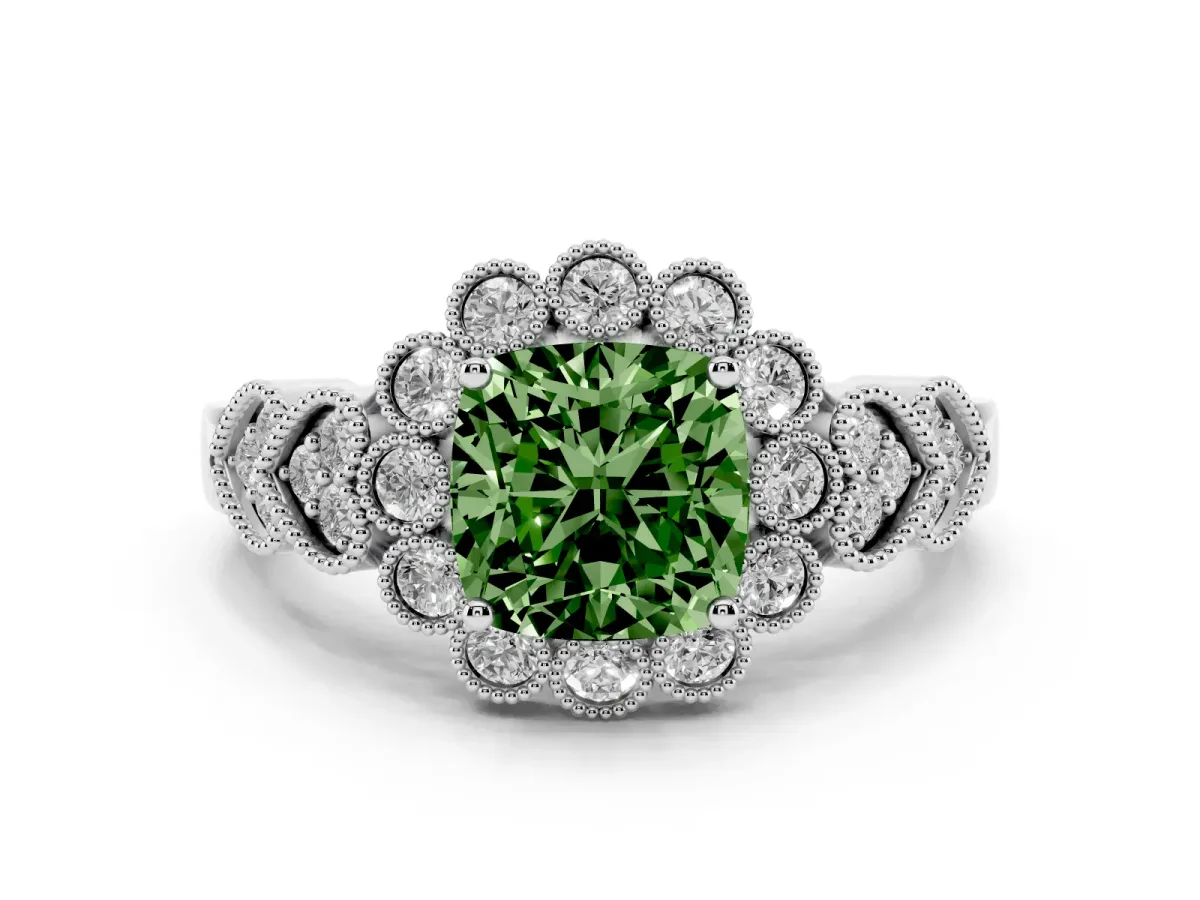 Fancy Green Cushion Cut Brilliant Milgrain Pave Heart Band Solitaire Ring Silver