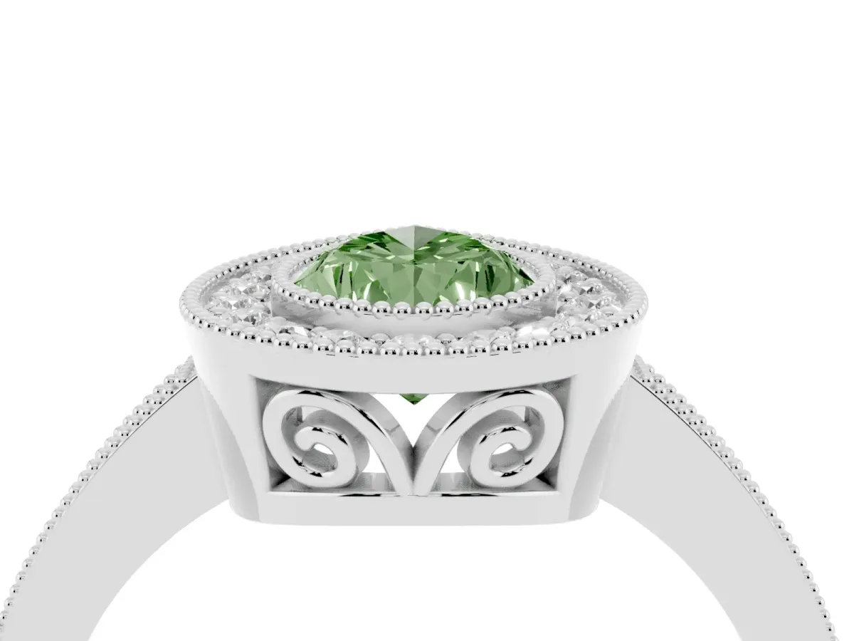 Fancy Green Pear Cut Cut Halo Diamond Ring with Pavé Band and Milgrain Prong Setting Platinum