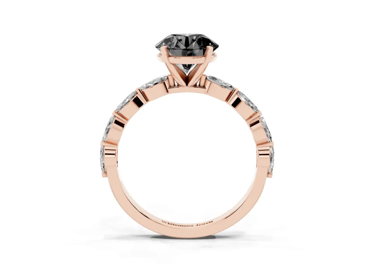 Fancy Black Round Cut Diamond Ring with Marquise Side Stones and Prong Setting Rose gold