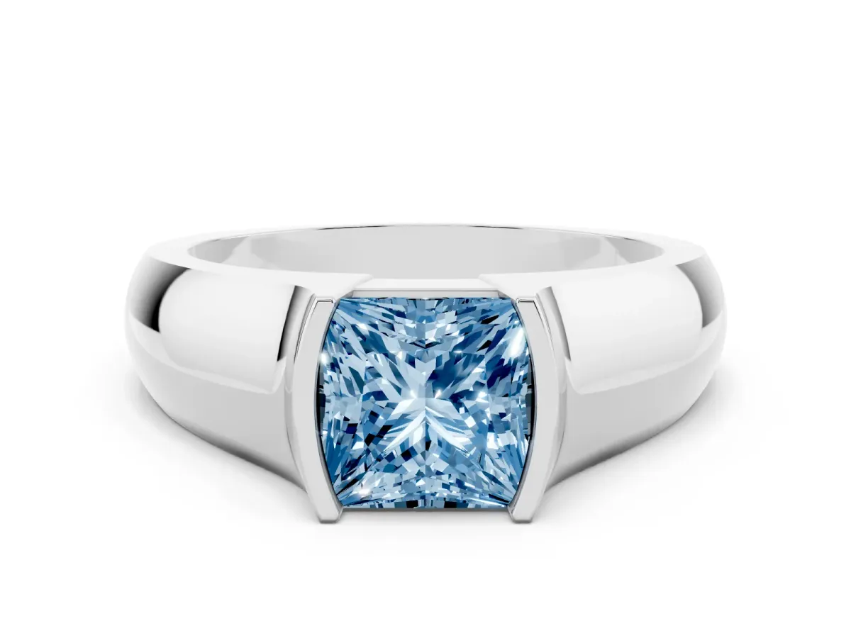 Fancy Blue Princess Cut Solitaire Bezel Set Diamond Ring with Wide Band Silver