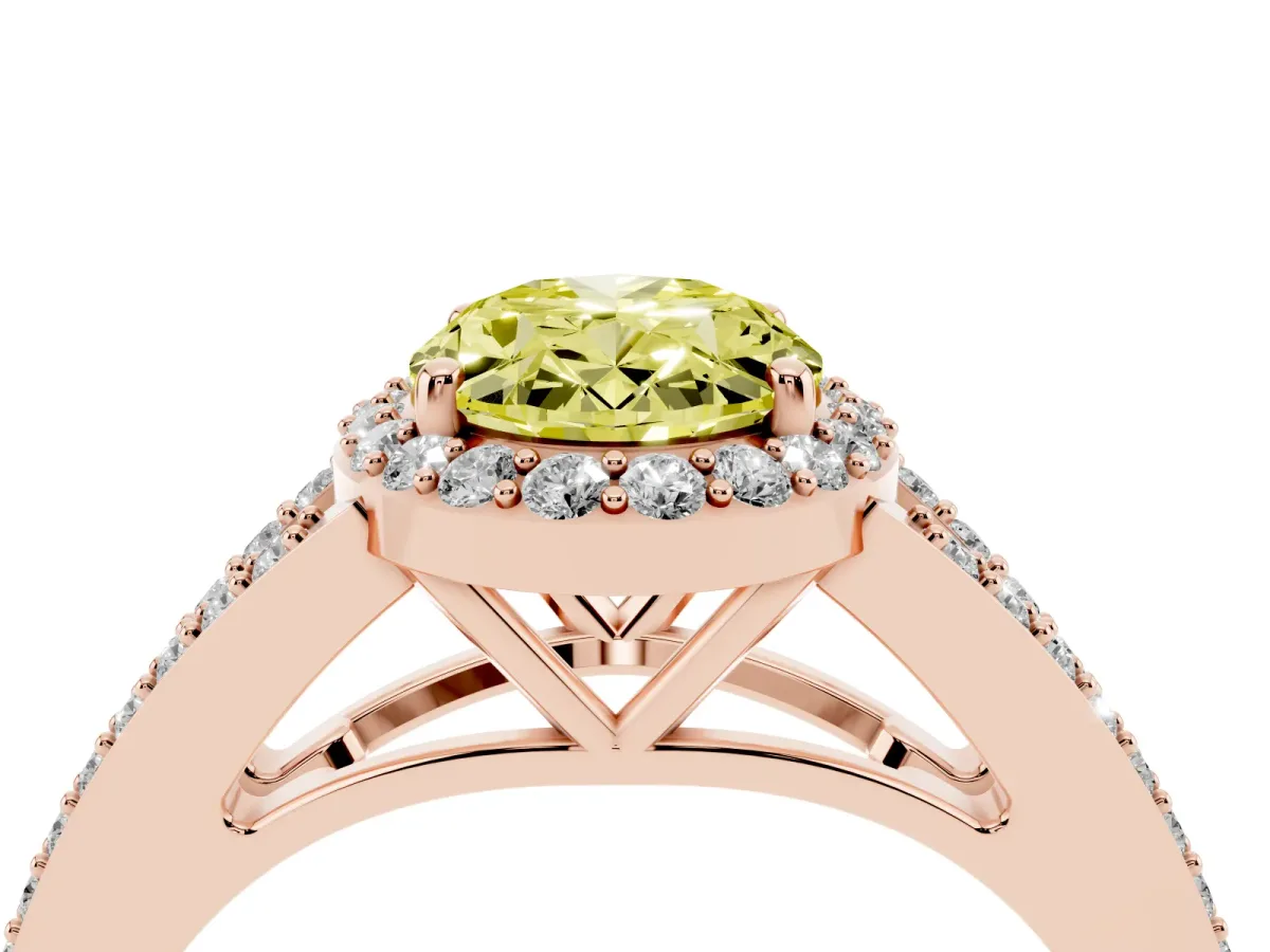 Fancy Yellow Oval Cut Halo Split Shank Diamond Ring with Prong Setting Rose gold