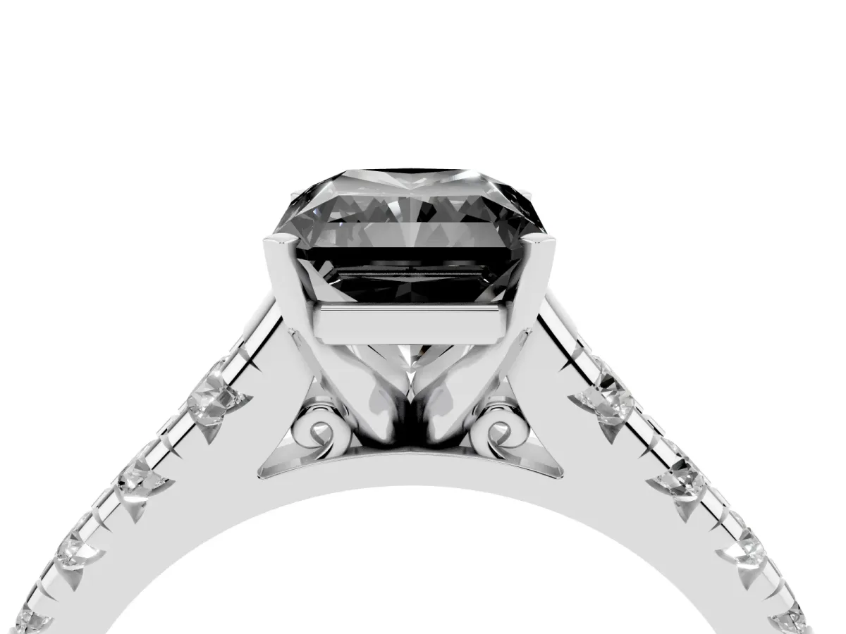 Fancy Black Radiant Cut Diamond Cathedral Solitaire Ring with Round Pavé Band Silver