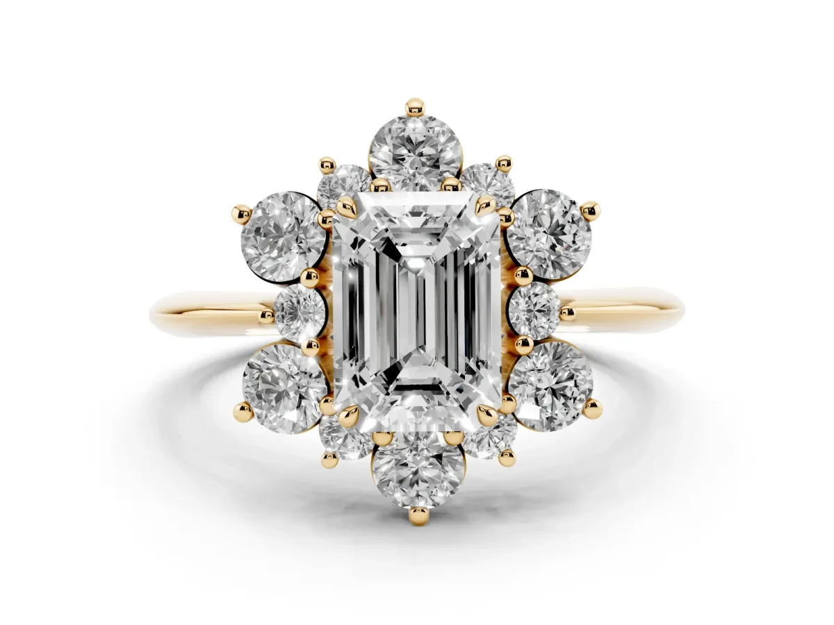 Emerald Cut Diamond Cluster Halo Ring with Solitaire Band and Four-Prong Setting Yellow gold
