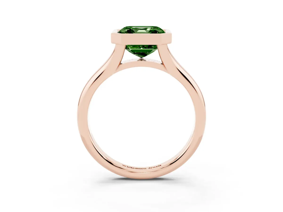 Fancy Green Bezel Set Asscher Cut Solitaire Diamond Ring with Smooth Band Rose gold