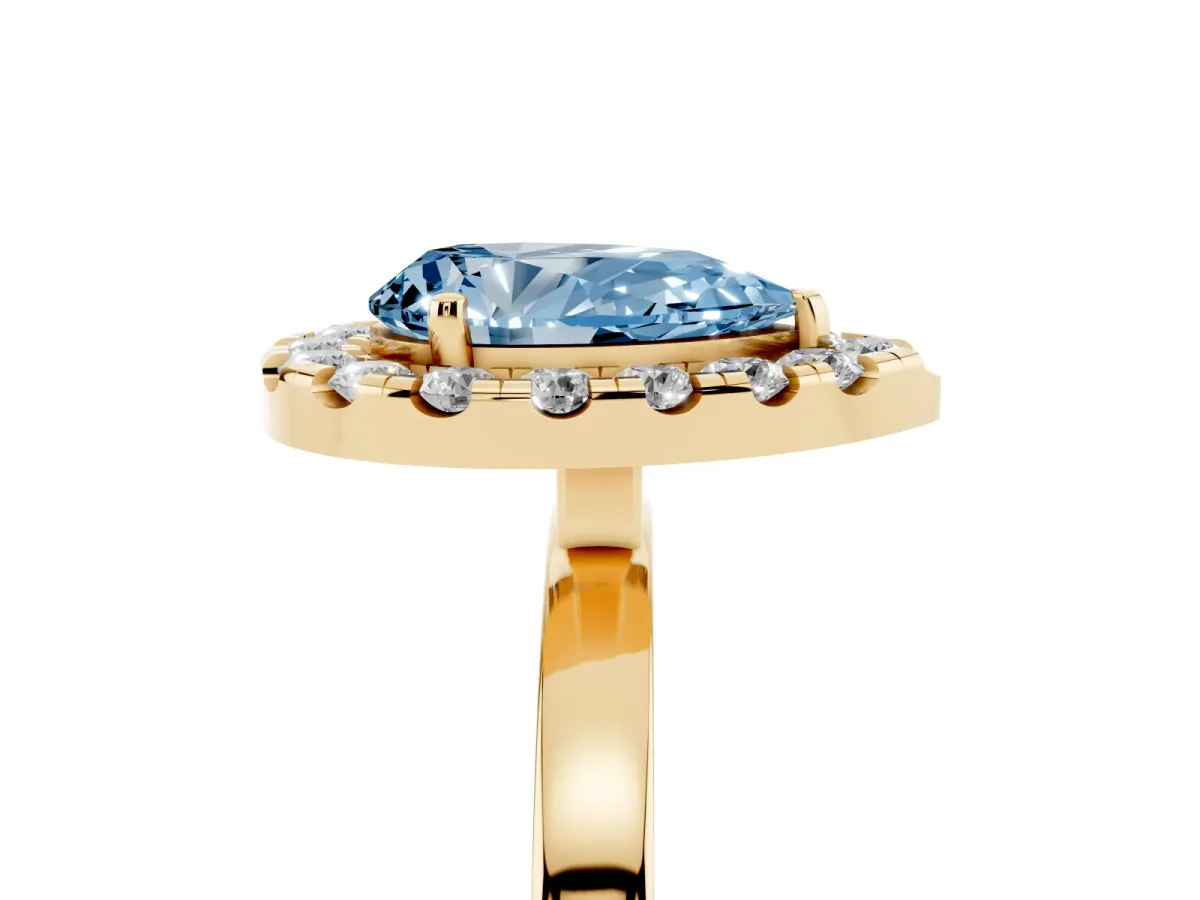 Fancy Blue Pear Cut Halo Diamond Solitaire with Pavé Band and Four-Prong Setting Yellow gold