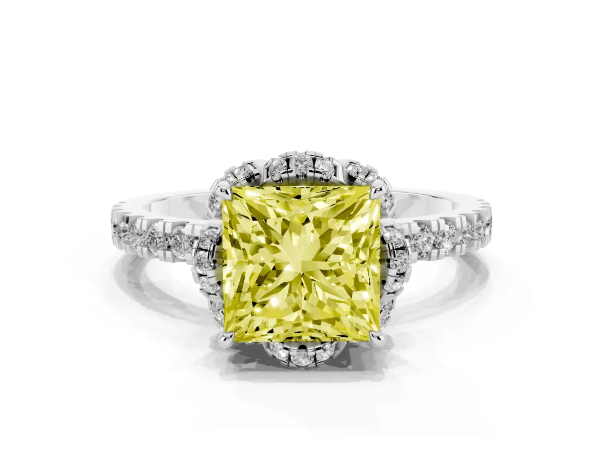Fancy Yellow Princess Cut Diamond Halo Pave Band with Four-Prong Setting Silver