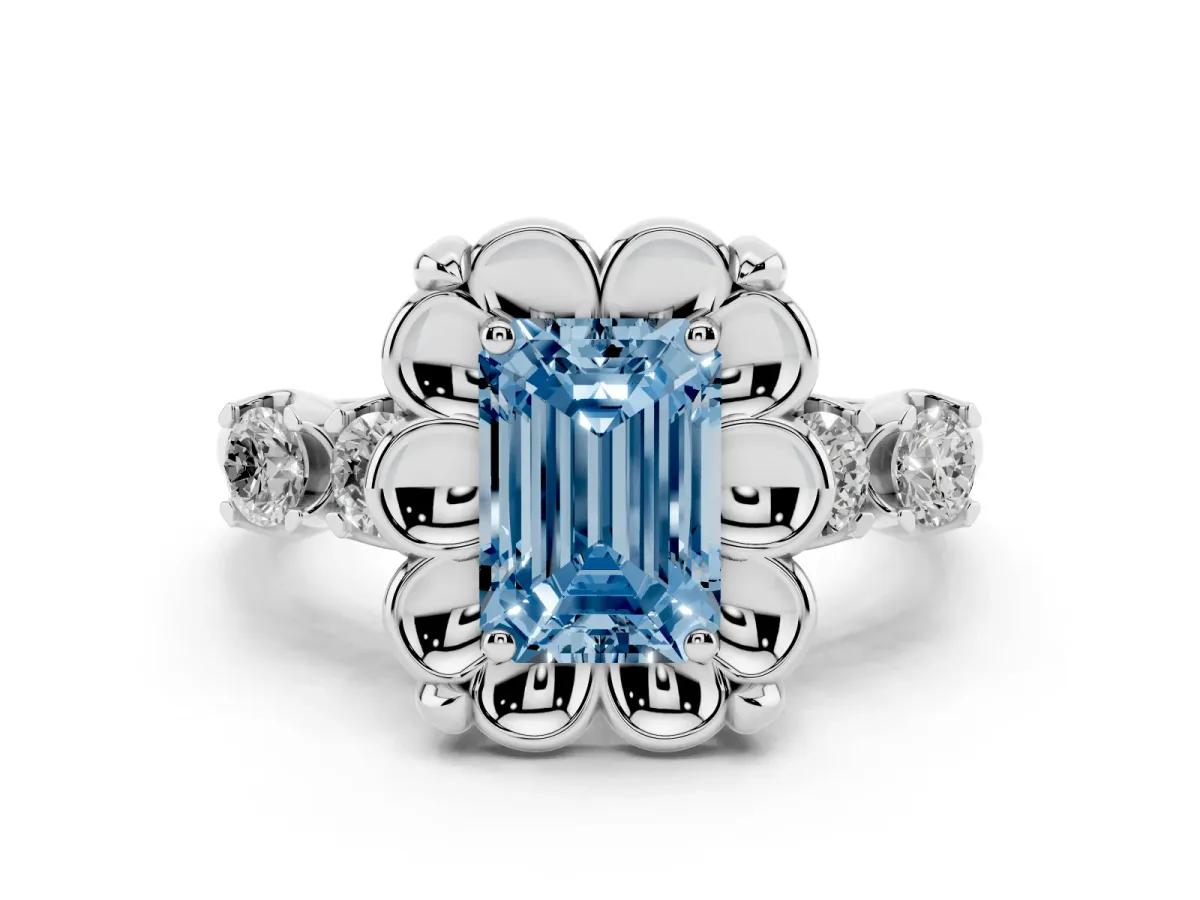 Fancy Blue Emerald Cut Cut Diamond Floral Halo Engagement Ring with Shared Prong Setting Silver