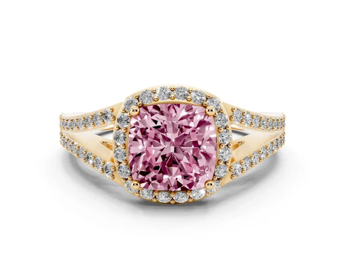 Fancy Pink Cushion Cut Halo Split Shank Pave Diamond Ring with Four-Prong Setting Yellow gold