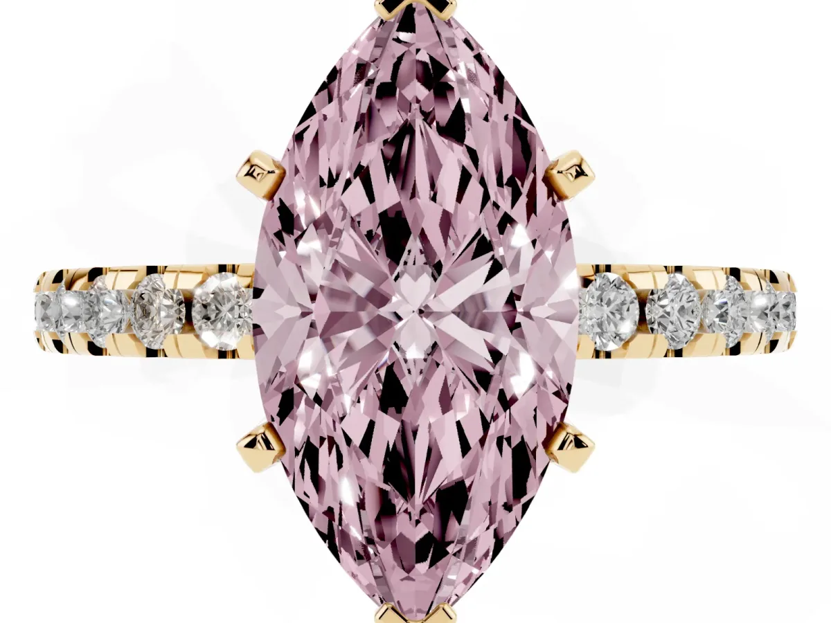 Fancy Pink Marquise Cut Diamond Solitaire Ring with Round Pavé Band and Four-Prong Setting Yellow gold