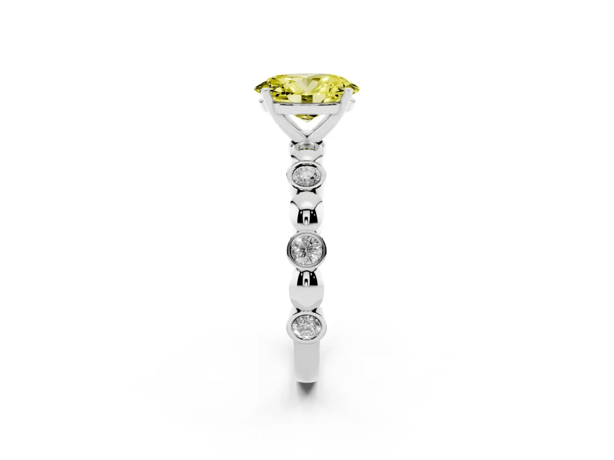 Fancy Yellow Oval Cut Solitaire Bezel-Set Diamond Ring with Beaded Band and Four-Prong Setting Silver
