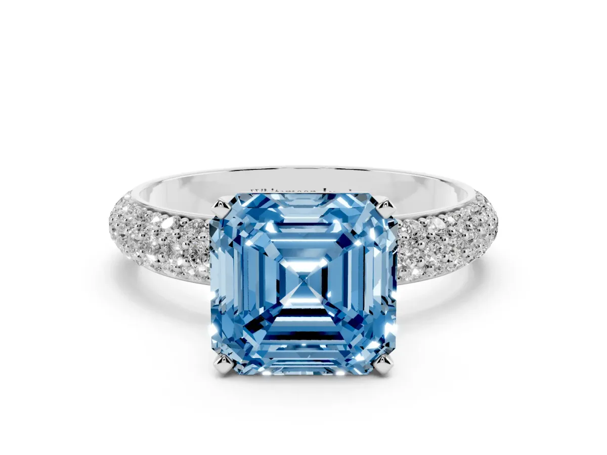 Fancy Blue Asscher Cut Diamond Solitaire Ring with Prong Setting and Pavé Band Platinum