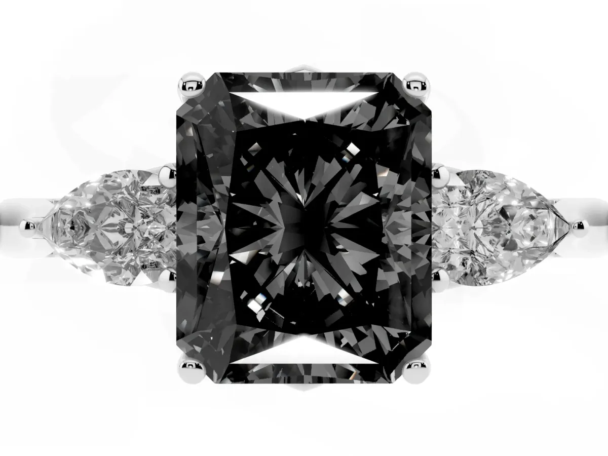 Fancy Black Radiant Cut Diamond Three-Stone Ring with Pear Side Stones and Prong Setting Platinum