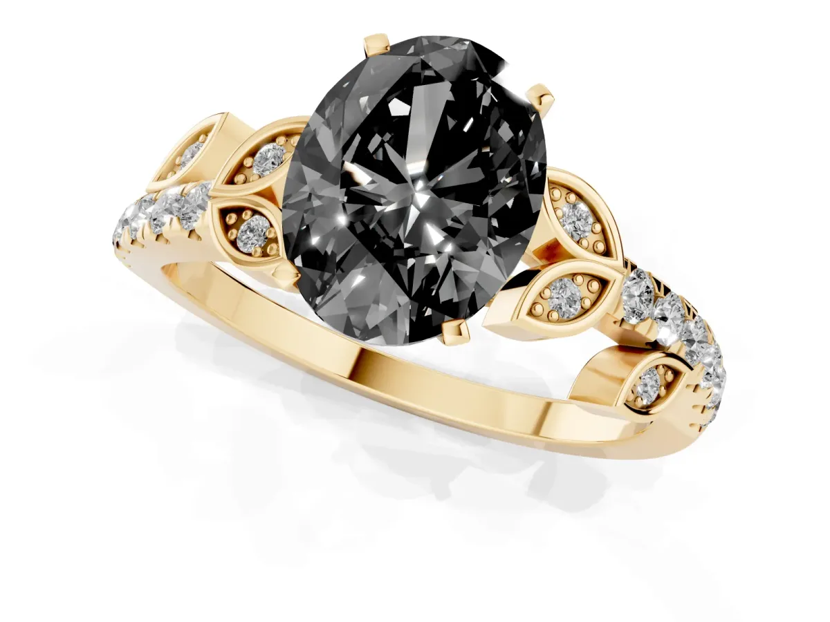 Fancy Black Oval Cut Solitaire Leaf-Inspired Diamond Ring with Pavé Band and Four-Prong Setting Yellow gold