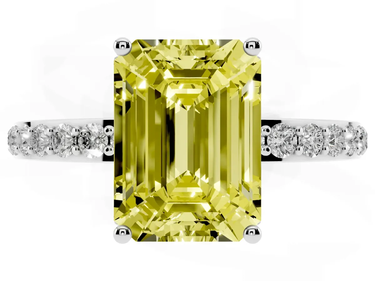 Fancy Yellow Emerald Cut Diamond Solitaire Ring with Pavé Band and Hidden Halo White gold