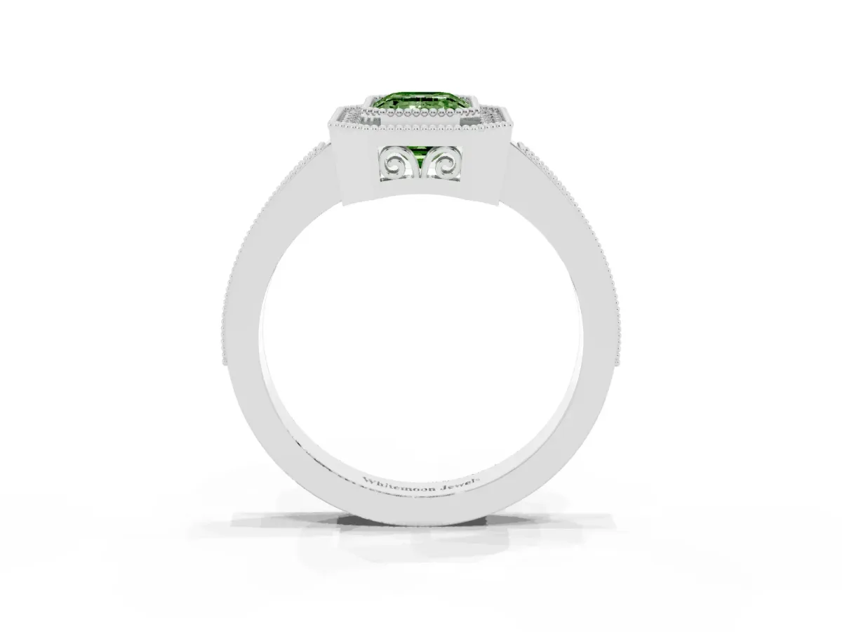Fancy Green Emerald Cut Cut Halo Diamond Ring with Pavé Band and Milgrain Prong Setting White gold