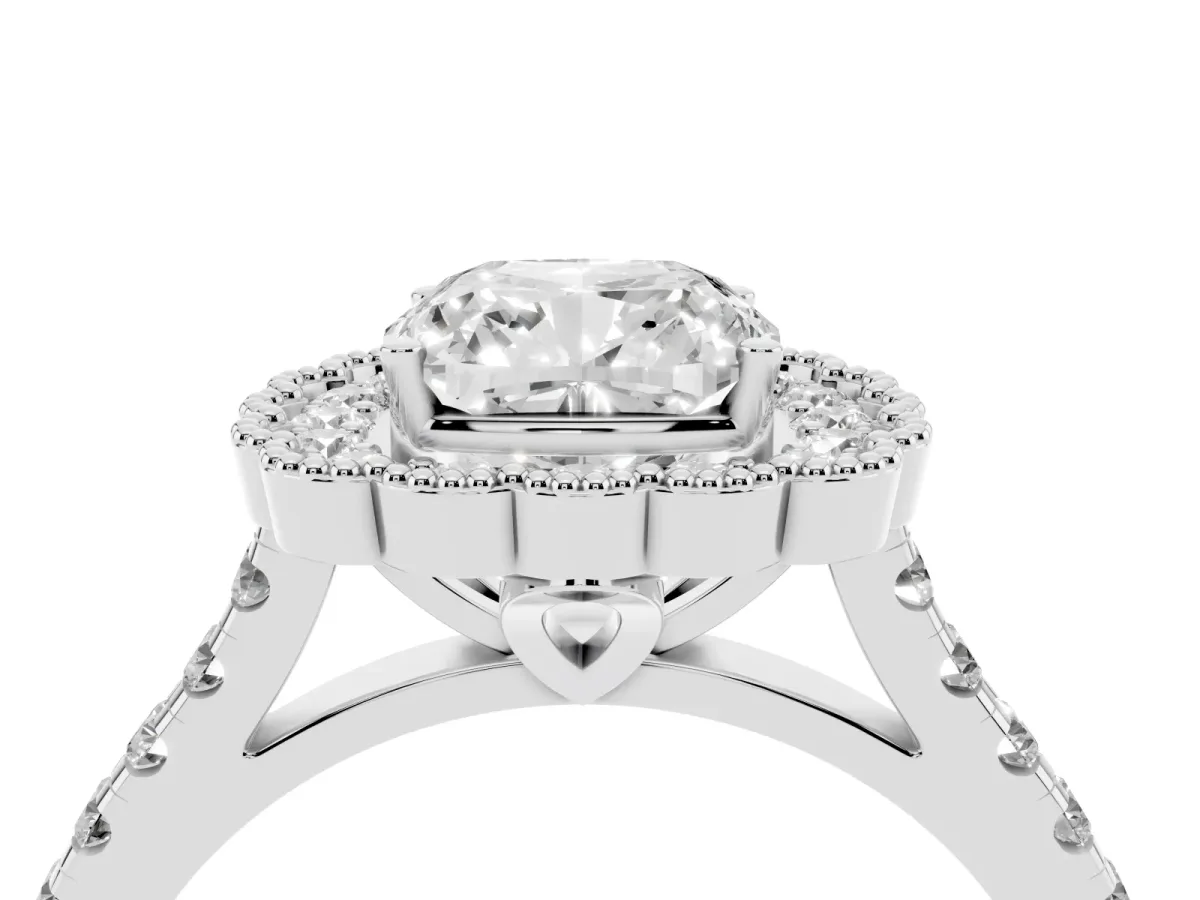 Cushion Cut Cut Diamond Milgrain Floral Halo Engagement Ring with Pavé Band White gold