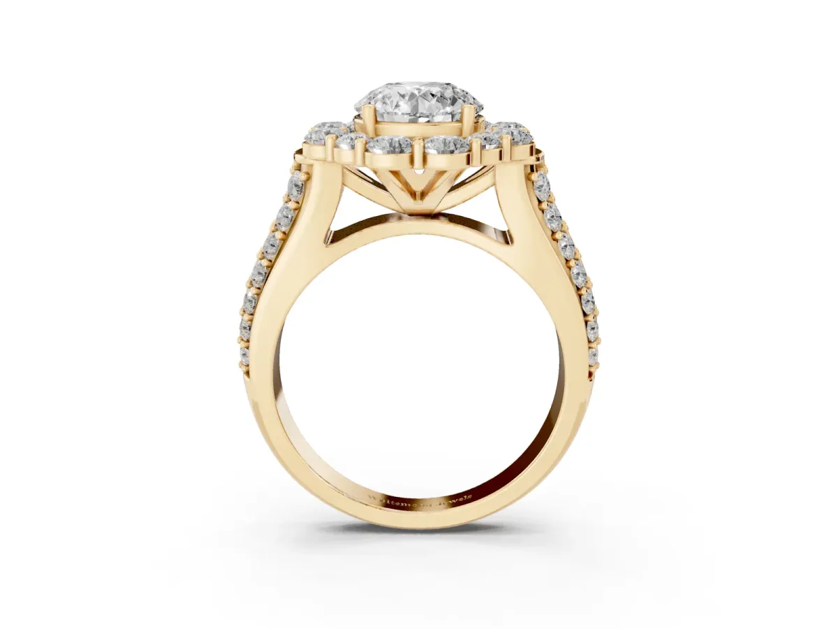 Round Cut Halo Diamond Engagement Ring with Split Shank and Prong Setting Yellow gold