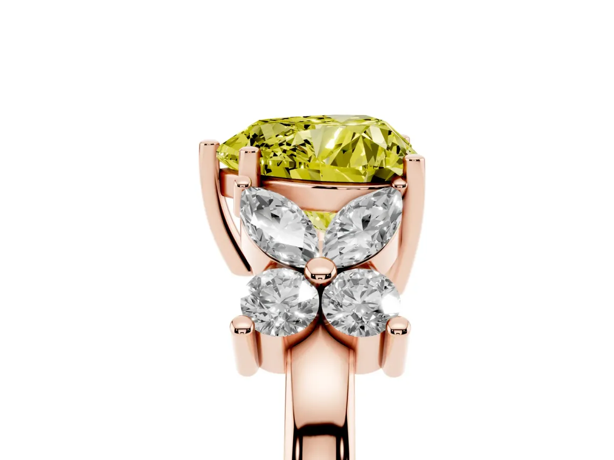 Fancy Yellow Heart Cut Diamond Floral Cluster Ring with Solitaire Band and Prong Setting Rose gold