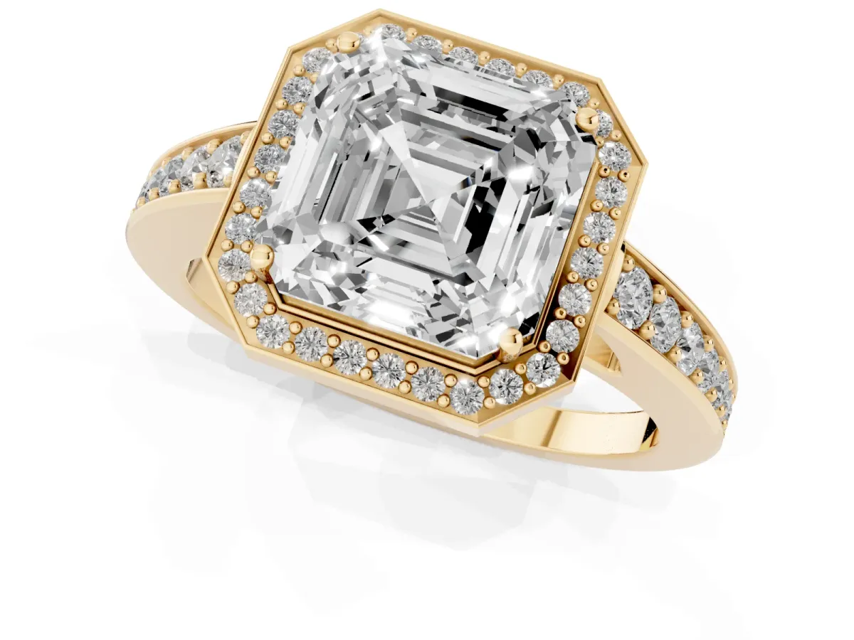 Asscher Cut Halo Pavé Diamond Engagement Ring with Bezel Setting Yellow gold