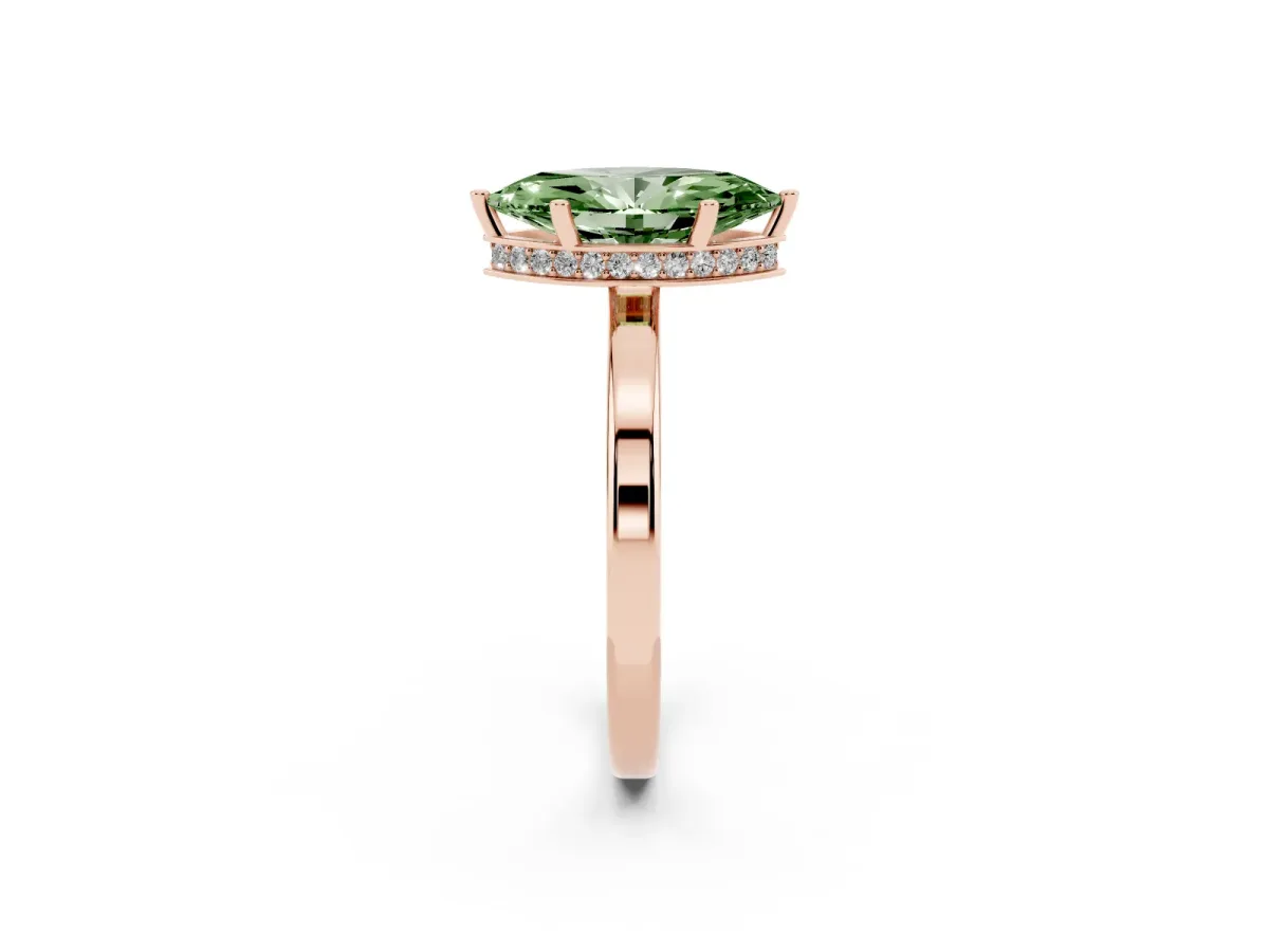 Fancy Green Marquise Cut Cut Solitaire Engagement Ring with Four-Prong Setting on a Classic Band Rose gold