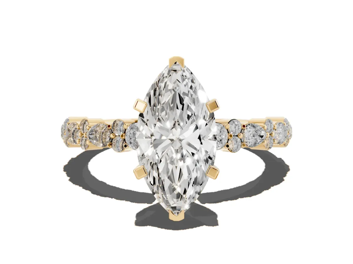 Marquise Cut Diamond Side Stone Solitaire Ring with Round and Four-Prong Setting Yellow gold